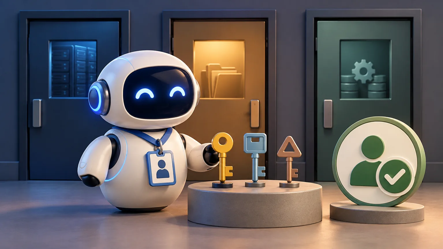 AI agent with its own identity badge facing access doors and keys, accompanied by a human approval symbol.
