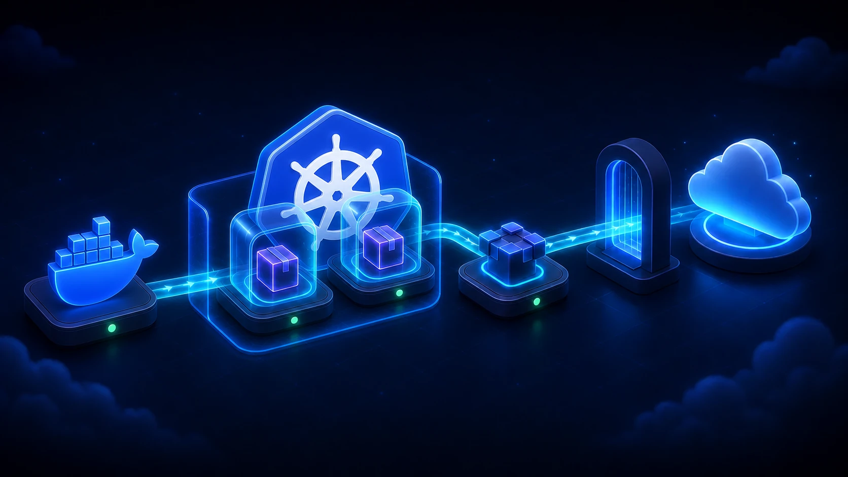 Ilustração isométrica do Docker enviando um container para Pods em um cluster Kubernetes, conectados por um Service e publicados por um Ingress no AKS