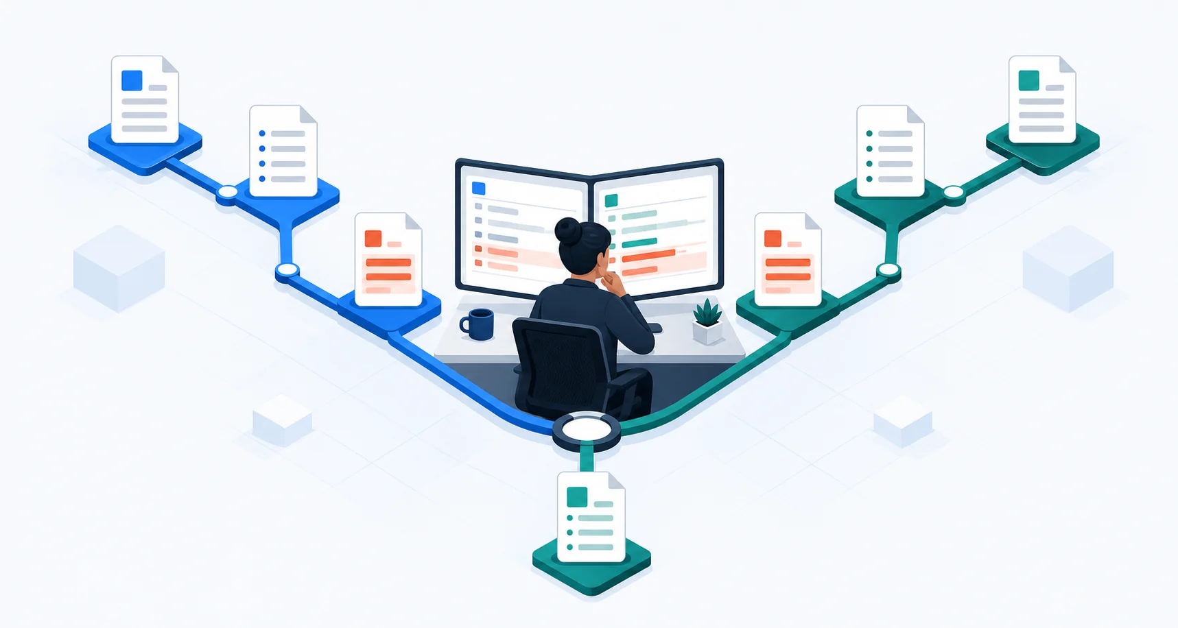Ilustração de duas branches com versões diferentes convergindo para uma profissional que compara as mudanças e produz um arquivo resolvido.