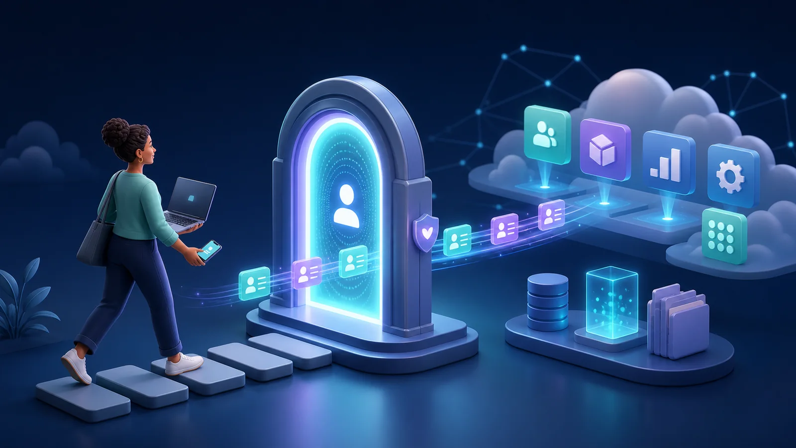 Ilustração de uma profissional diante de um portal de identidade conectado a aplicativos e dados na nuvem.