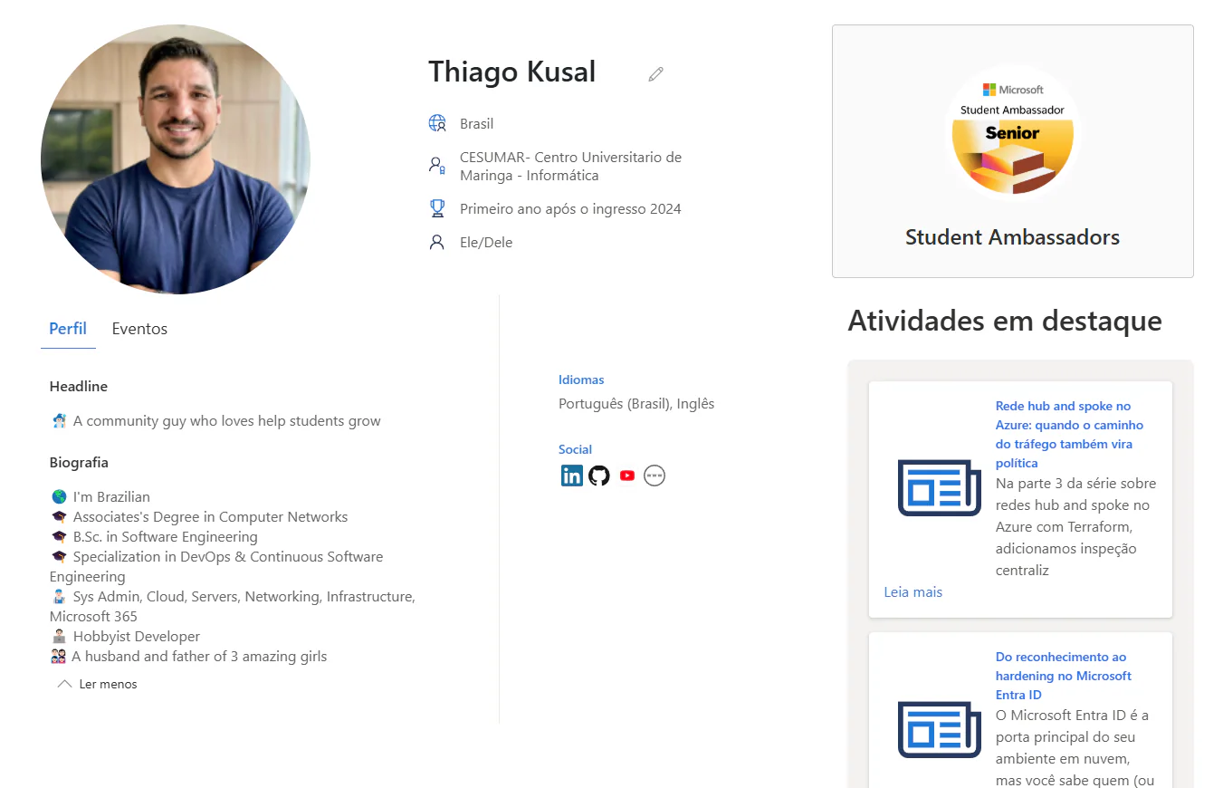 Perfil de Thiago Kusal no portal Microsoft Student Ambassadors com o marco Senior