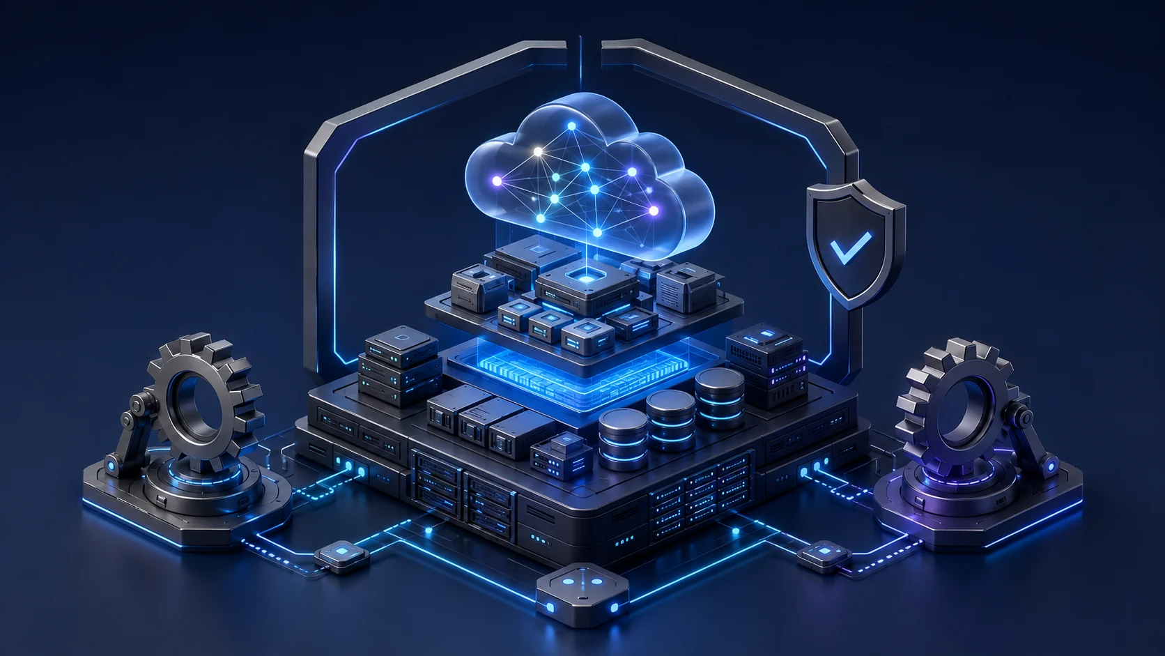 Servidores e armazenamento sustentando uma nuvem de nós conectados, cercados por engrenagens de automação e um escudo de verificação.