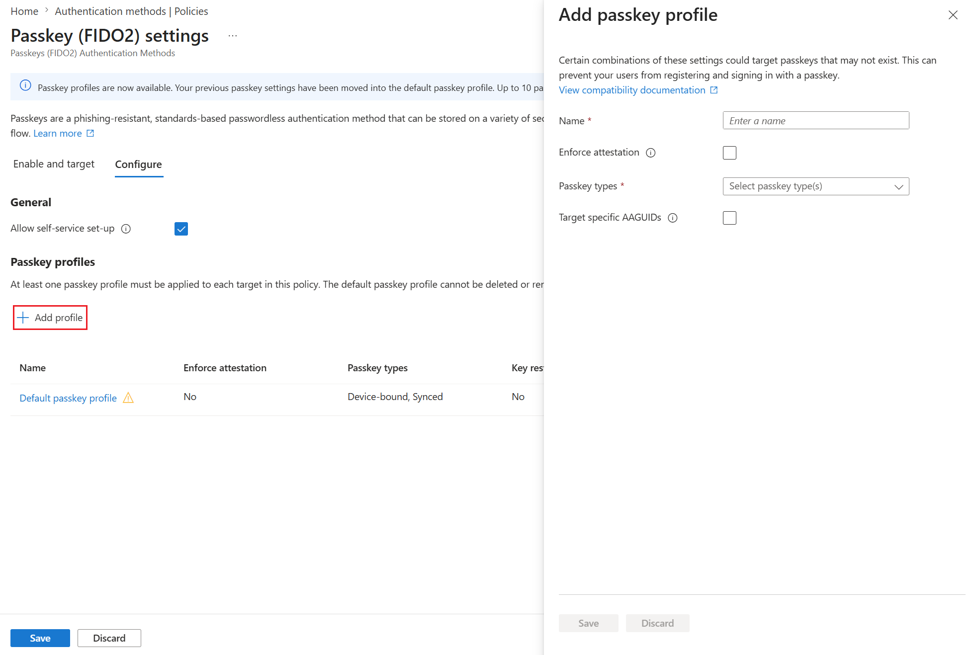 Official passkey profile creation screen showing the name, attestation, passkey types, and authenticator restrictions.