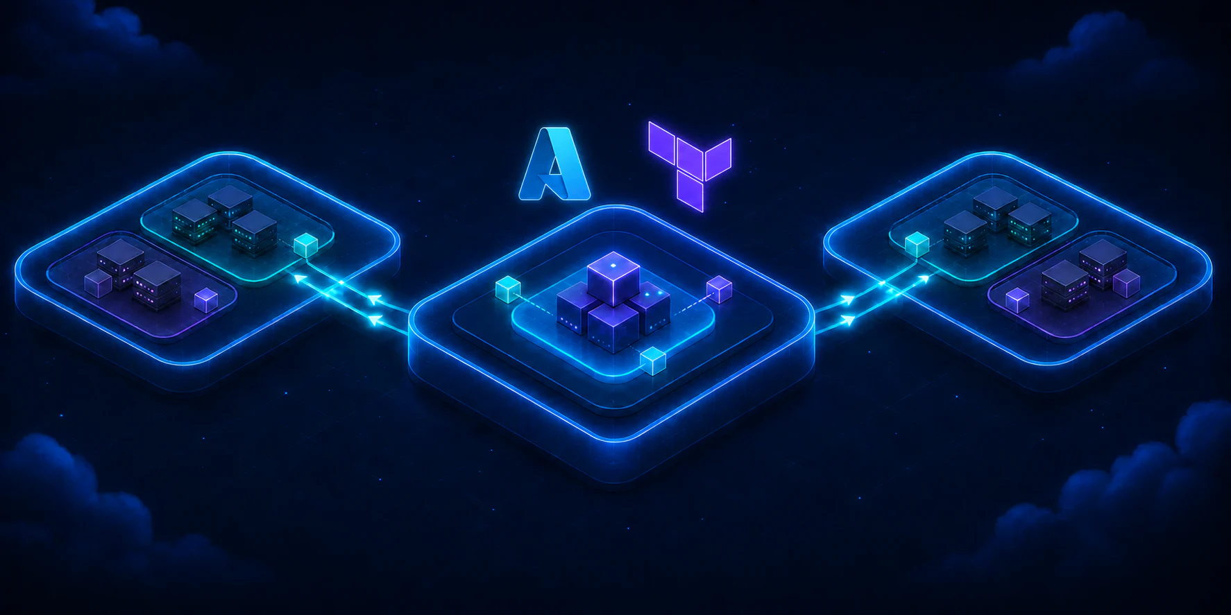 Ilustração isométrica com símbolos do Azure e do Terraform sobre uma VNet hub conectada por peerings luminosos a duas VNets spoke
