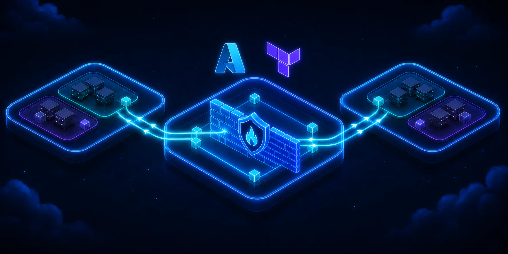 Ilustração isométrica de uma rede hub and spoke no Azure com um firewall em forma de muro no hub e setas de tráfego passando por ele