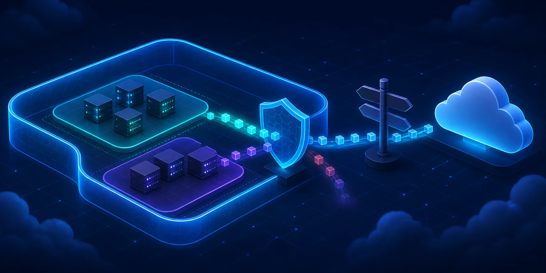 Ilustração de uma rede virtual dividida em duas subnets, com um escudo filtrando pacotes e uma placa indicando rotas