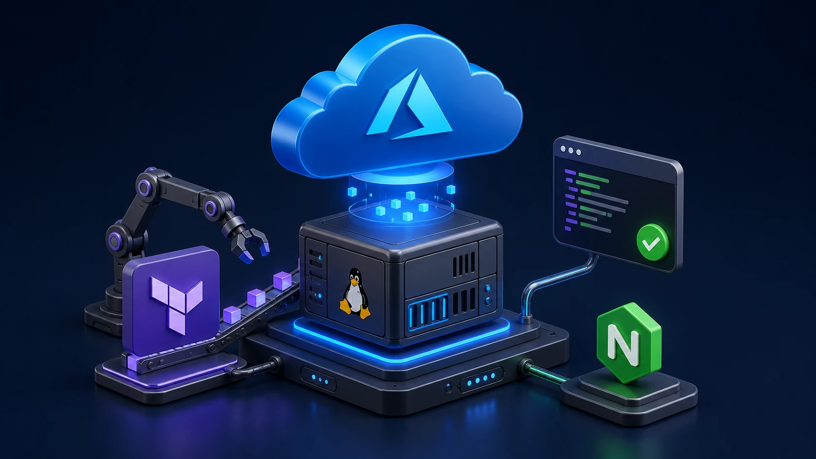 Isometric illustration of a Linux server beneath an Azure cloud, with Terraform automation, a terminal showing success, and the Nginx symbol